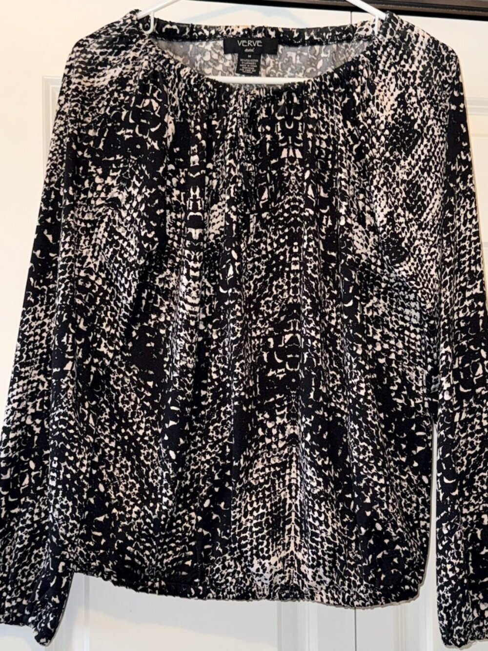 Verve Ami White Black Abstract Tie Neck Blouse Medium Boho Peasant Top